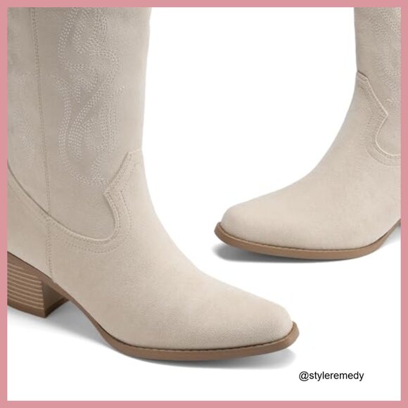 Faux Suede Square Toe Cowboy Mid Calf Western Boots with Embroidery - Picture 2 of 7